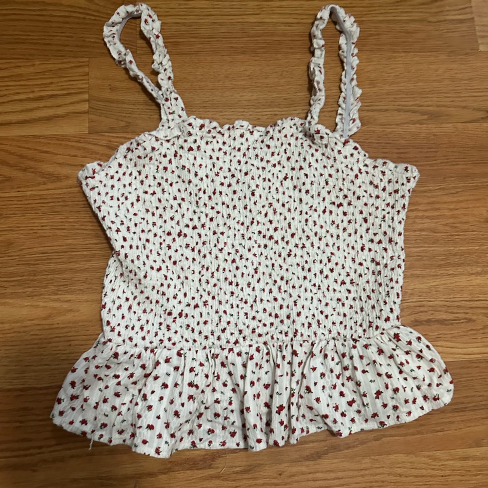 Passport White Red Floral Smocked Peplum Tank Top Size XL Y2K Cottagecore